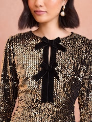 Love & Roses Gold Petite Sequin Mini Dress with Velvet Bow Detail - Image 2 of 4