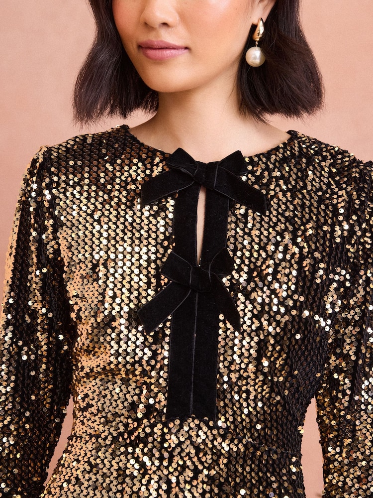 Love & Roses Gold Petite Sequin Mini Dress with Velvet Bow Detail - Image 2 of 4