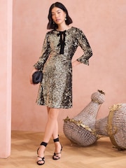 Love & Roses Gold Petite Sequin Mini Dress with Velvet Bow Detail - Image 3 of 4