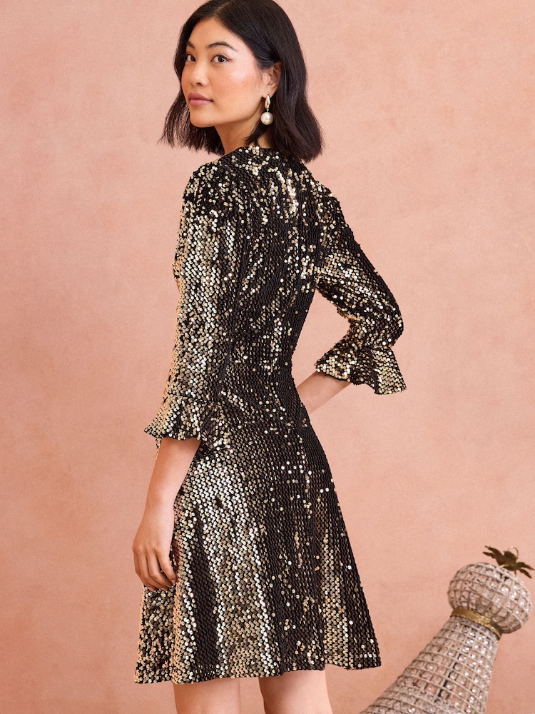 Love & Roses Gold Petite Sequin Mini Dress with Velvet Bow Detail - Image 4 of 4