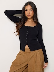 PixieGirl Petite Black Ribbed Button Scoop Neck Jumper - Image 1 of 4