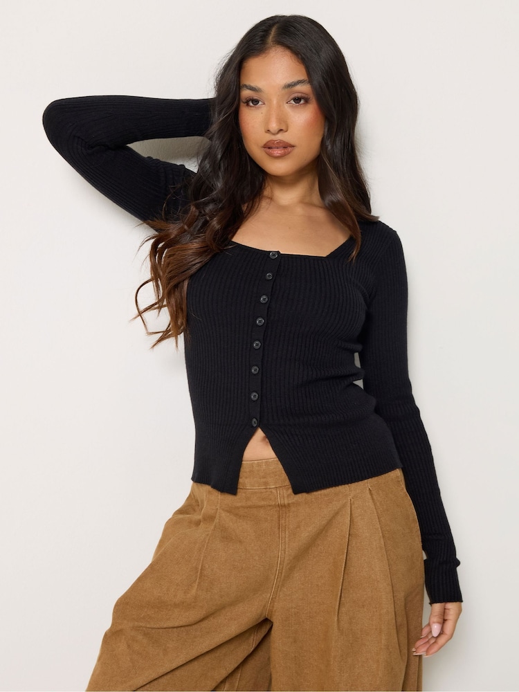 PixieGirl Petite Black Ribbed Button Scoop Neck Jumper - Image 1 of 4