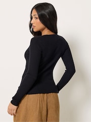 PixieGirl Petite Black Ribbed Button Scoop Neck Jumper - Image 3 of 4