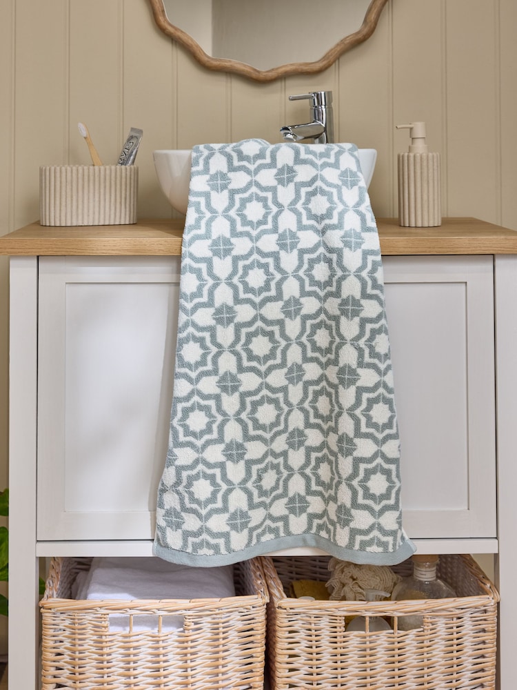 Sage Green Tile Geo 100% Cotton Towel - Image 1 of 5