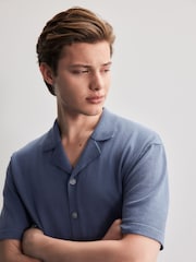 Slate Blue Regular Fit Cotton Rich Short Sleeve Knitted Shirt with Cuban Collar - Image 1 of 7