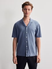 Slate Blue Regular Fit Cotton Rich Short Sleeve Knitted Shirt with Cuban Collar - Image 2 of 7