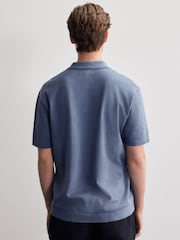 Slate Blue Regular Fit Cotton Rich Short Sleeve Knitted Shirt with Cuban Collar - Image 3 of 7