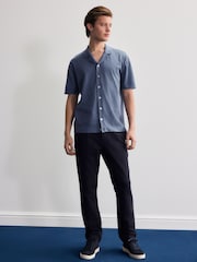 Slate Blue Regular Fit Cotton Rich Short Sleeve Knitted Shirt with Cuban Collar - Image 4 of 7