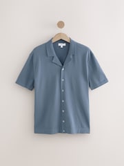 Slate Blue Regular Fit Cotton Rich Short Sleeve Knitted Shirt with Cuban Collar - Image 5 of 7