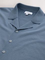 Slate Blue Regular Fit Cotton Rich Short Sleeve Knitted Shirt with Cuban Collar - Image 6 of 7