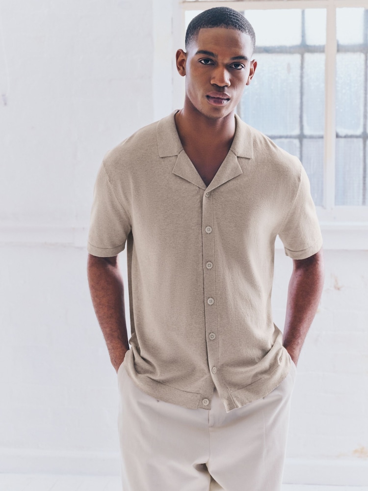 Neutral Marl Regular Fit Cotton Rich Short Sleeve Knitted Shirt with Cuban Collar - Image 1 of 8