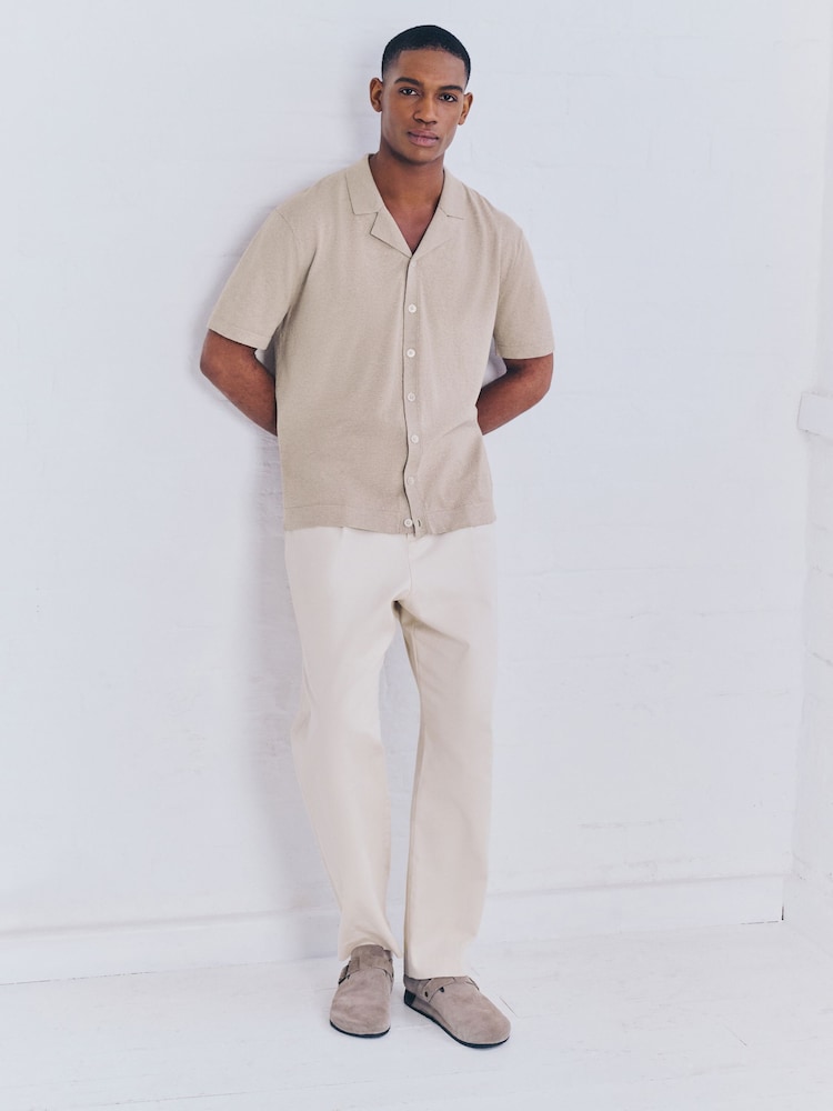 Neutral Marl Regular Fit Cotton Rich Short Sleeve Knitted Shirt with Cuban Collar - Image 2 of 8