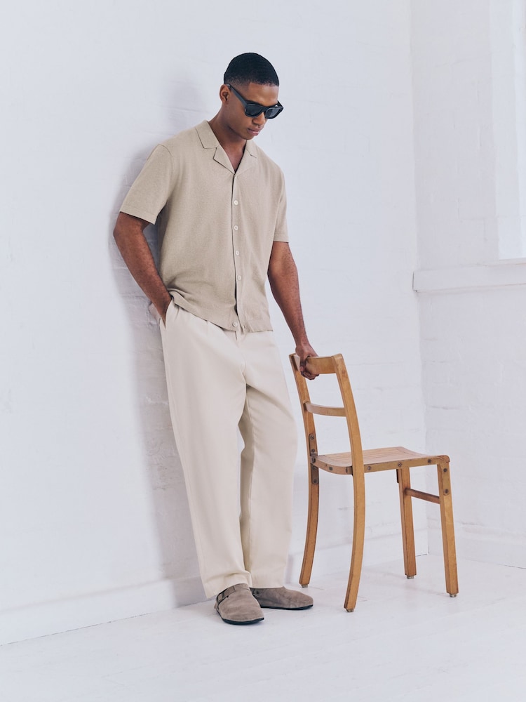 Neutral Marl Regular Fit Cotton Rich Short Sleeve Knitted Shirt with Cuban Collar - Image 3 of 8