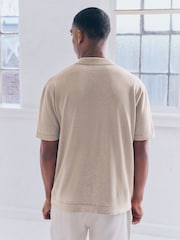 Neutral Marl Regular Fit Cotton Rich Short Sleeve Knitted Shirt with Cuban Collar - Image 4 of 8