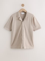 Neutral Marl Regular Fit Cotton Rich Short Sleeve Knitted Shirt with Cuban Collar - Image 6 of 8
