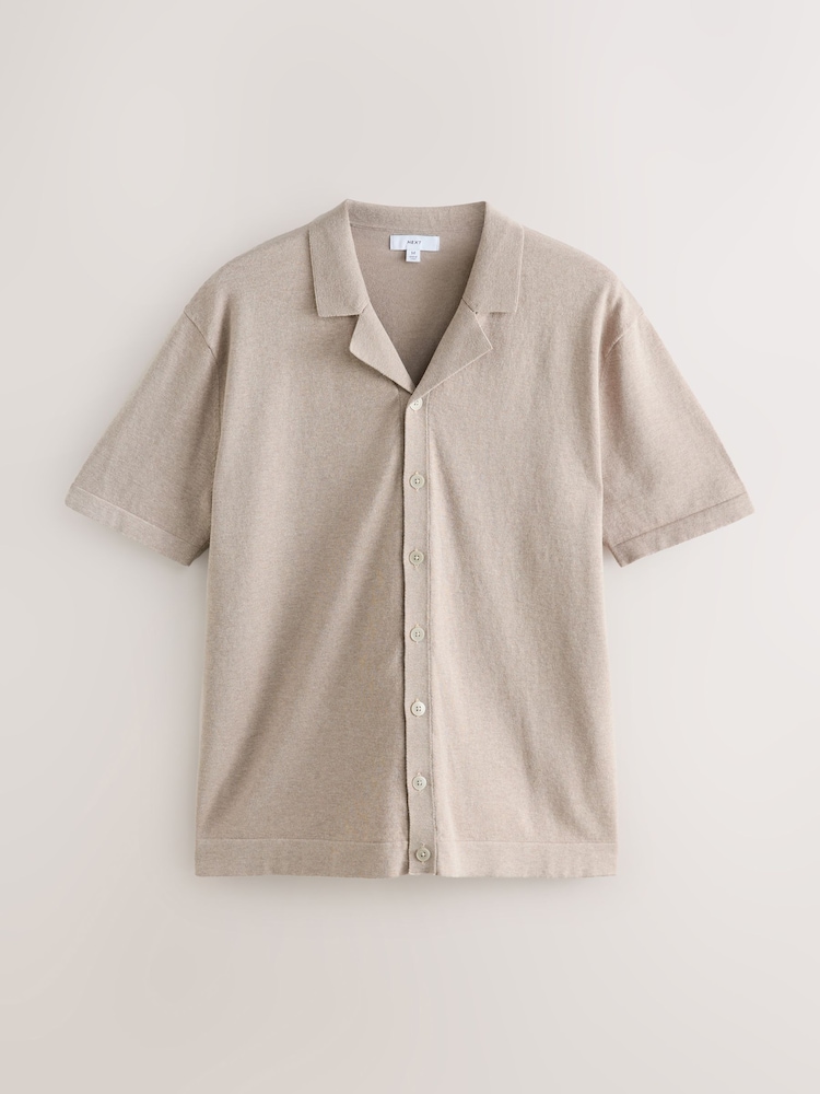 Neutral Marl Regular Fit Cotton Rich Short Sleeve Knitted Shirt with Cuban Collar - Image 6 of 8
