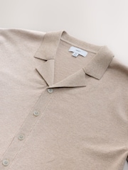 Neutral Marl Regular Fit Cotton Rich Short Sleeve Knitted Shirt with Cuban Collar - Image 7 of 8