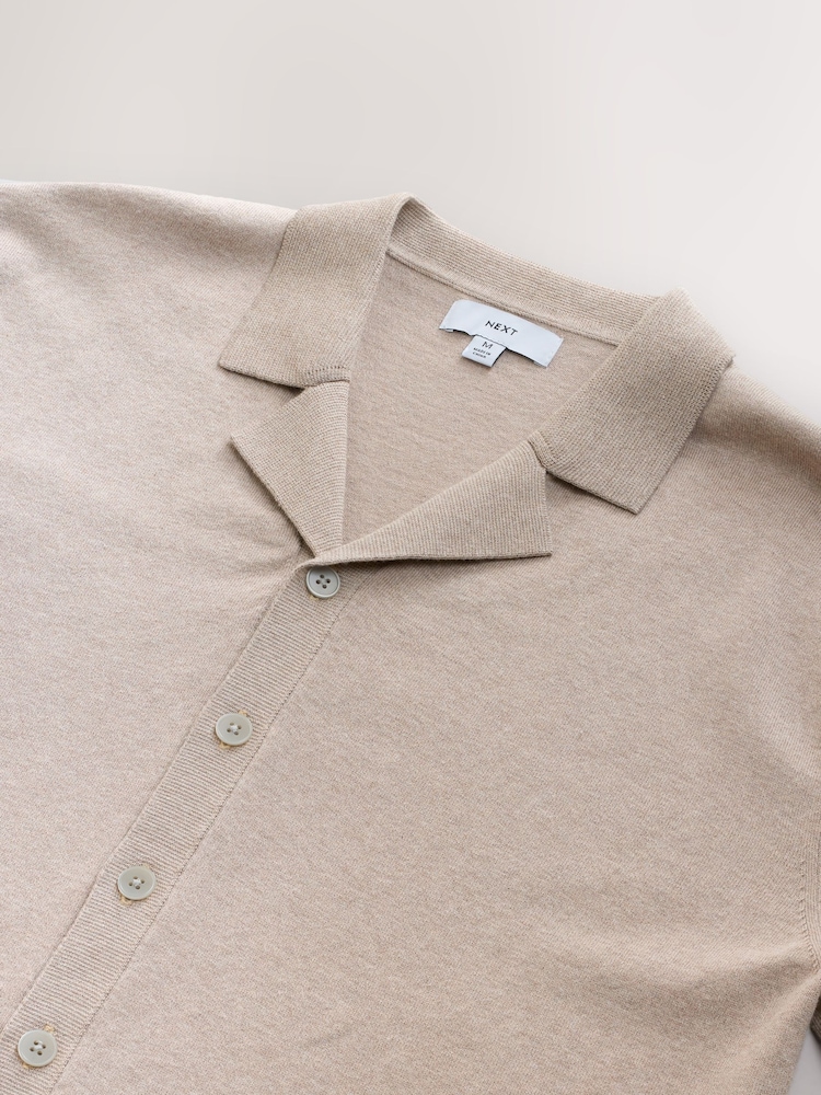 Neutral Marl Regular Fit Cotton Rich Short Sleeve Knitted Shirt with Cuban Collar - Image 7 of 8