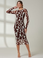 Jolie Moi Light Brown Gionna Mesh Long Sleeve Midaxi Dress - Image 1 of 6