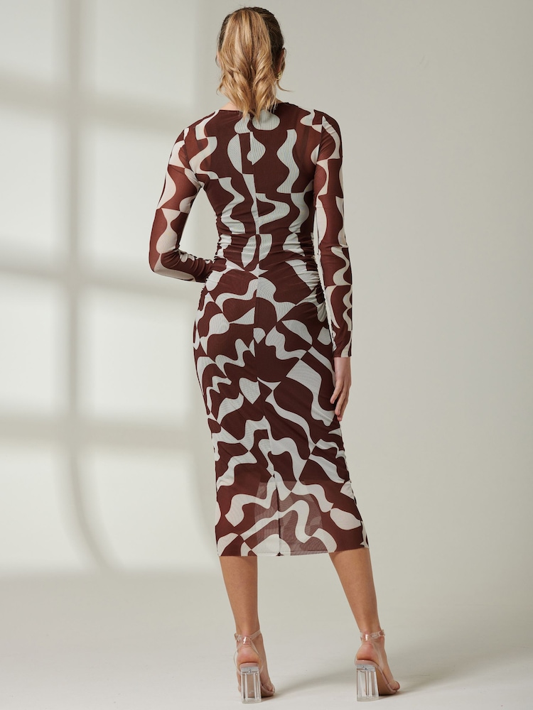 Jolie Moi Light Brown Gionna Mesh Long Sleeve Midaxi Dress - Image 2 of 6