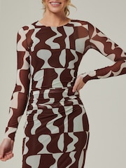 Jolie Moi Light Brown Gionna Mesh Long Sleeve Midaxi Dress - Image 3 of 6