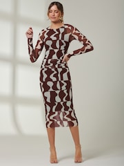 Jolie Moi Light Brown Gionna Mesh Long Sleeve Midaxi Dress - Image 5 of 6