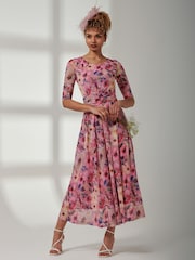Jolie Moi Pink Bella Print 3/4 Sleeve Mesh Maxi Dress - Image 1 of 6