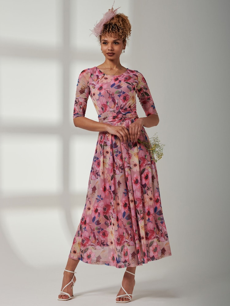 Jolie Moi Pink Bella Print 3/4 Sleeve Mesh Maxi Dress - Image 1 of 6