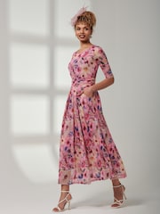 Jolie Moi Pink Bella Print 3/4 Sleeve Mesh Maxi Dress - Image 5 of 6