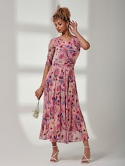 Jolie Moi Pink Bella Print 3/4 Sleeve Mesh Maxi Dress - Image 6 of 6
