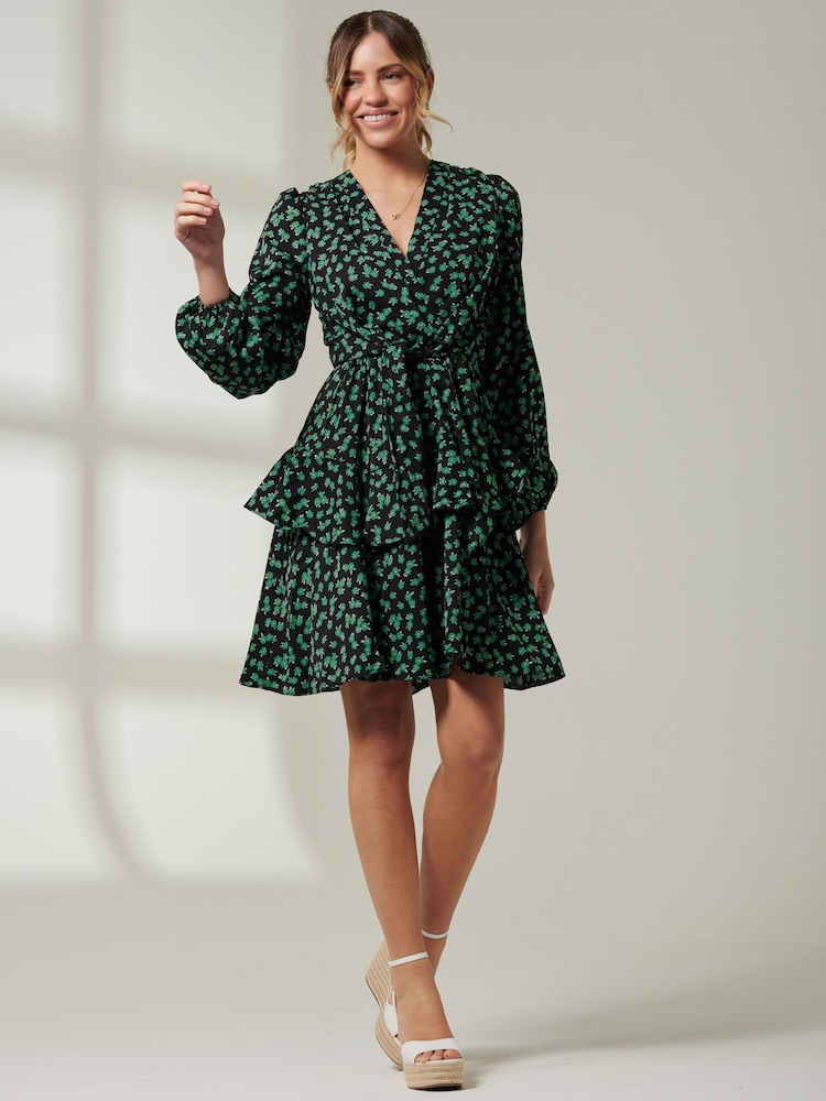 Jolie Moi Blue Tiered Hem V-Neck Midi Dress - Image 6 of 6