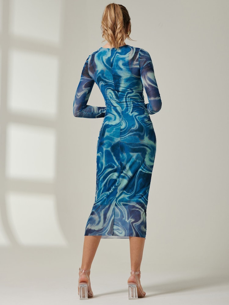 Jolie Moi Blue Mabyn Mesh Long Sleeve Midaxi Dress - Image 2 of 6