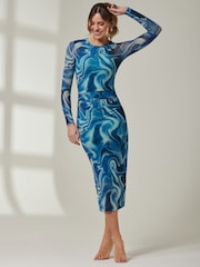 Jolie Moi Blue Mabyn Mesh Long Sleeve Midaxi Dress - Image 4 of 6