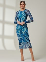 Jolie Moi Blue Mabyn Mesh Long Sleeve Midaxi Dress - Image 5 of 6