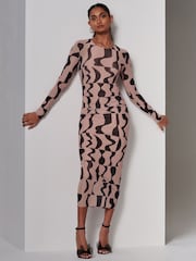 Jolie Moi Brown Gionna Mesh Long Sleeve Midaxi Dress - Image 1 of 6