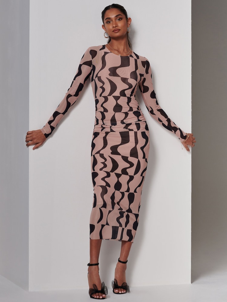 Jolie Moi Brown Gionna Mesh Long Sleeve Midaxi Dress - Image 1 of 6