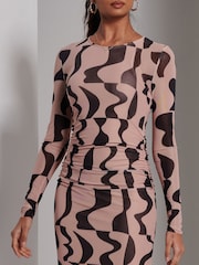 Jolie Moi Brown Gionna Mesh Long Sleeve Midaxi Dress - Image 3 of 6
