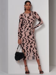 Jolie Moi Brown Gionna Mesh Long Sleeve Midaxi Dress - Image 4 of 6
