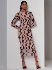 Jolie Moi Brown Gionna Mesh Long Sleeve Midaxi Dress - Image 5 of 6