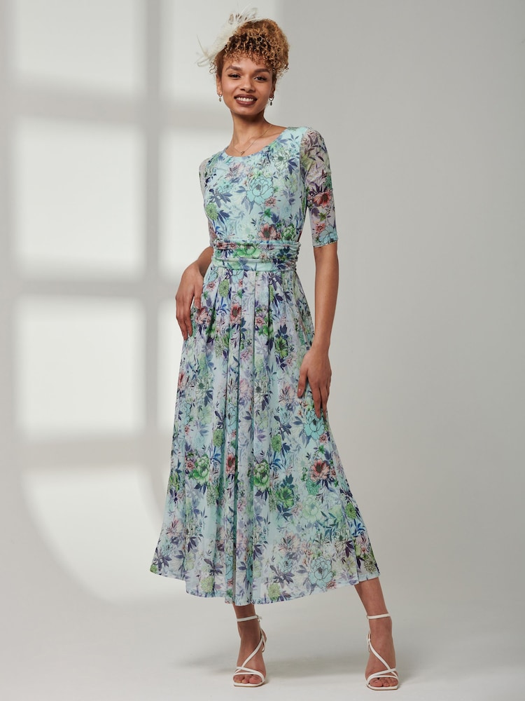 Jolie Moi Green Bella Print 3/4 Sleeve Mesh Maxi Dress - Image 1 of 6