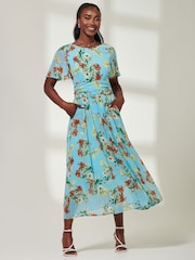 Jolie Moi Blue Short Sleeve Pleated Chiffon Dress - Image 1 of 5