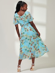 Jolie Moi Blue Short Sleeve Pleated Chiffon Dress - Image 2 of 5