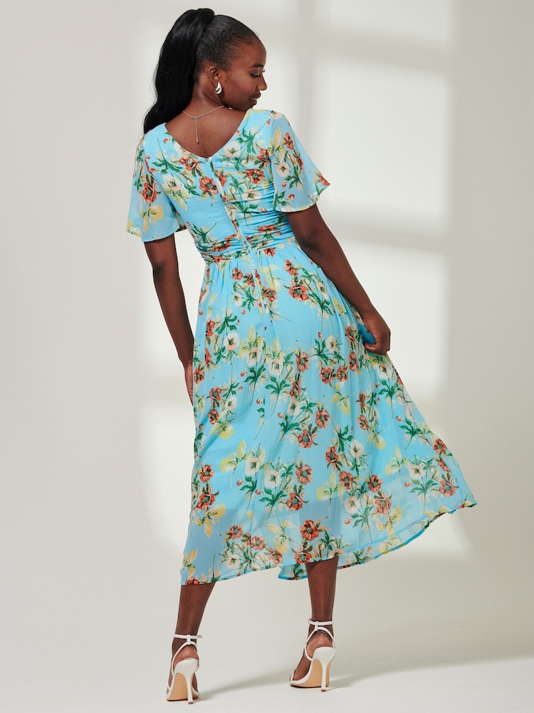 Jolie Moi Blue Short Sleeve Pleated Chiffon Dress - Image 2 of 5