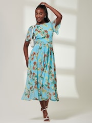 Jolie Moi Blue Short Sleeve Pleated Chiffon Dress - Image 3 of 5