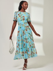 Jolie Moi Blue Short Sleeve Pleated Chiffon Dress - Image 4 of 5