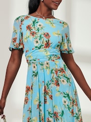 Jolie Moi Blue Short Sleeve Pleated Chiffon Dress - Image 5 of 5