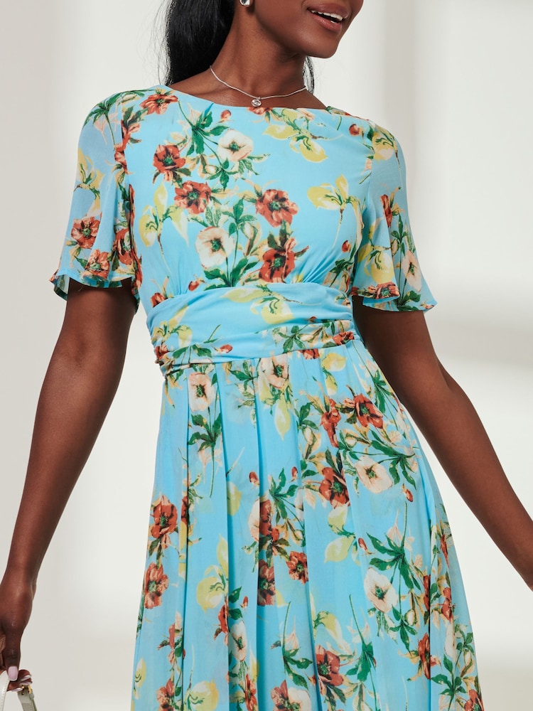 Jolie Moi Blue Short Sleeve Pleated Chiffon Dress - Image 5 of 5