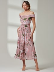 Jolie Moi Pink Bardot Neckline Mesh Midi Dress - Image 1 of 7