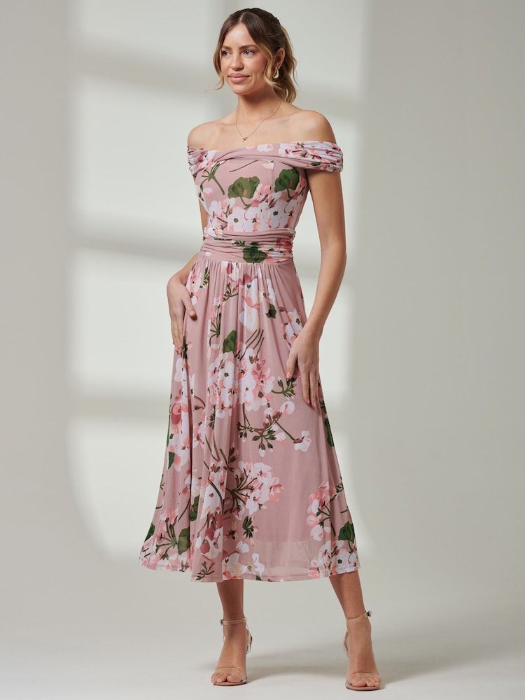Jolie Moi Pink Bardot Neckline Mesh Midi Dress - Image 1 of 7
