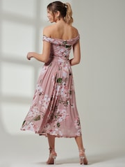 Jolie Moi Pink Bardot Neckline Mesh Midi Dress - Image 2 of 7